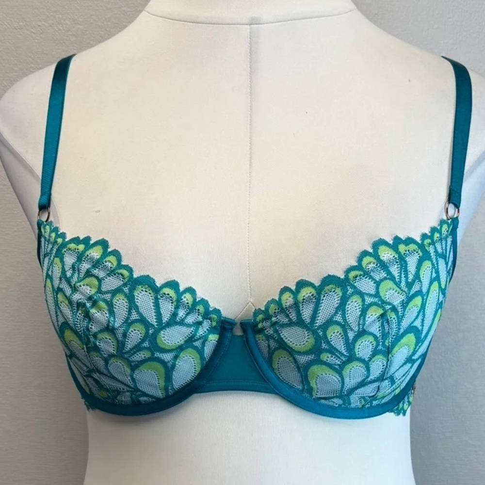Savage X Fenty Teal & Green Lightly Lined Lace Balconette Bra - New - Size 36DDD